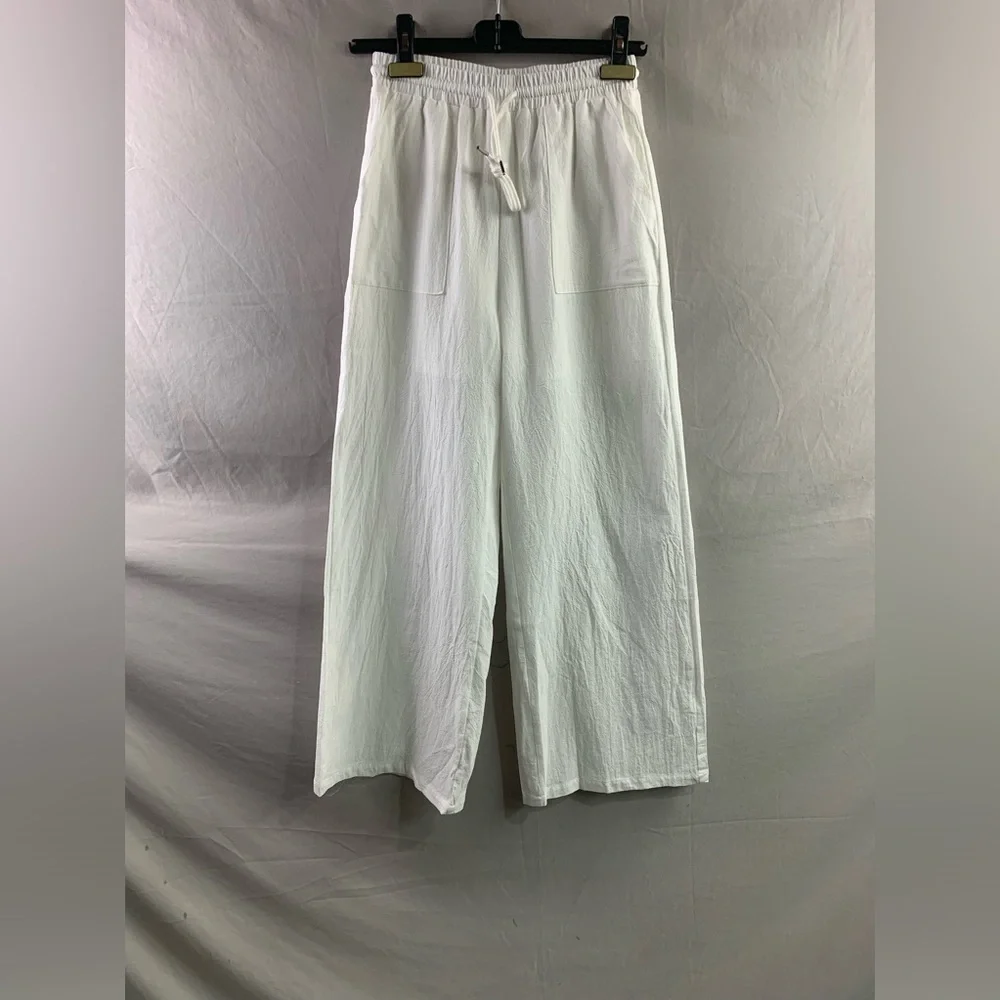 100% Cotton Drawstring Waist Wide Leg Pants White_6